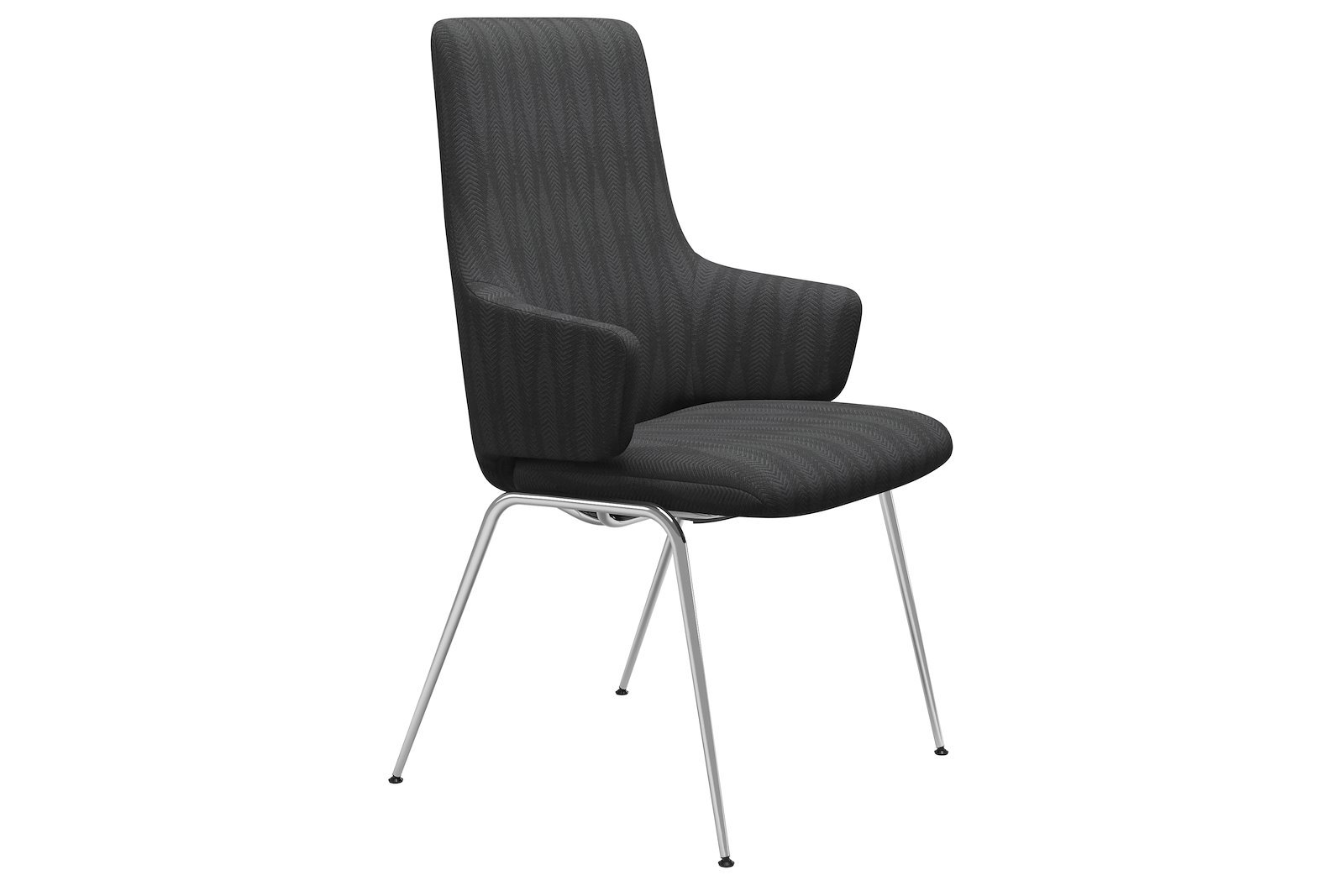 Basil spisestol I tekstil Leaf Charcoal med krom understell. Med arm, høy rygg og large sete. Vaskbart trekk