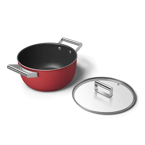Faitout bas aluminium antiadhésif 24 cm rouge mat avec couvercle verre