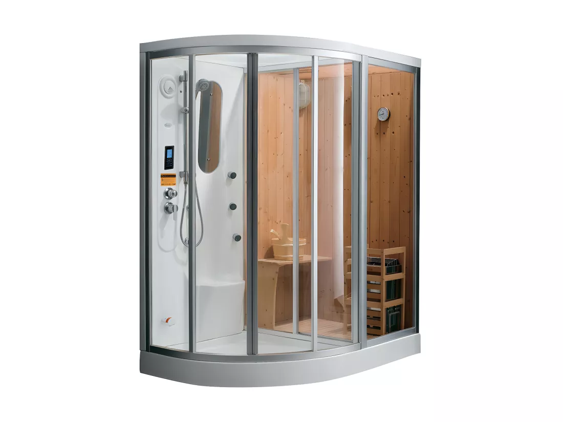 Cabine de douche intégrale d'angle HAUMEA fonction Hammam et Sauna - l157xP110xH215cm- Angle droit
