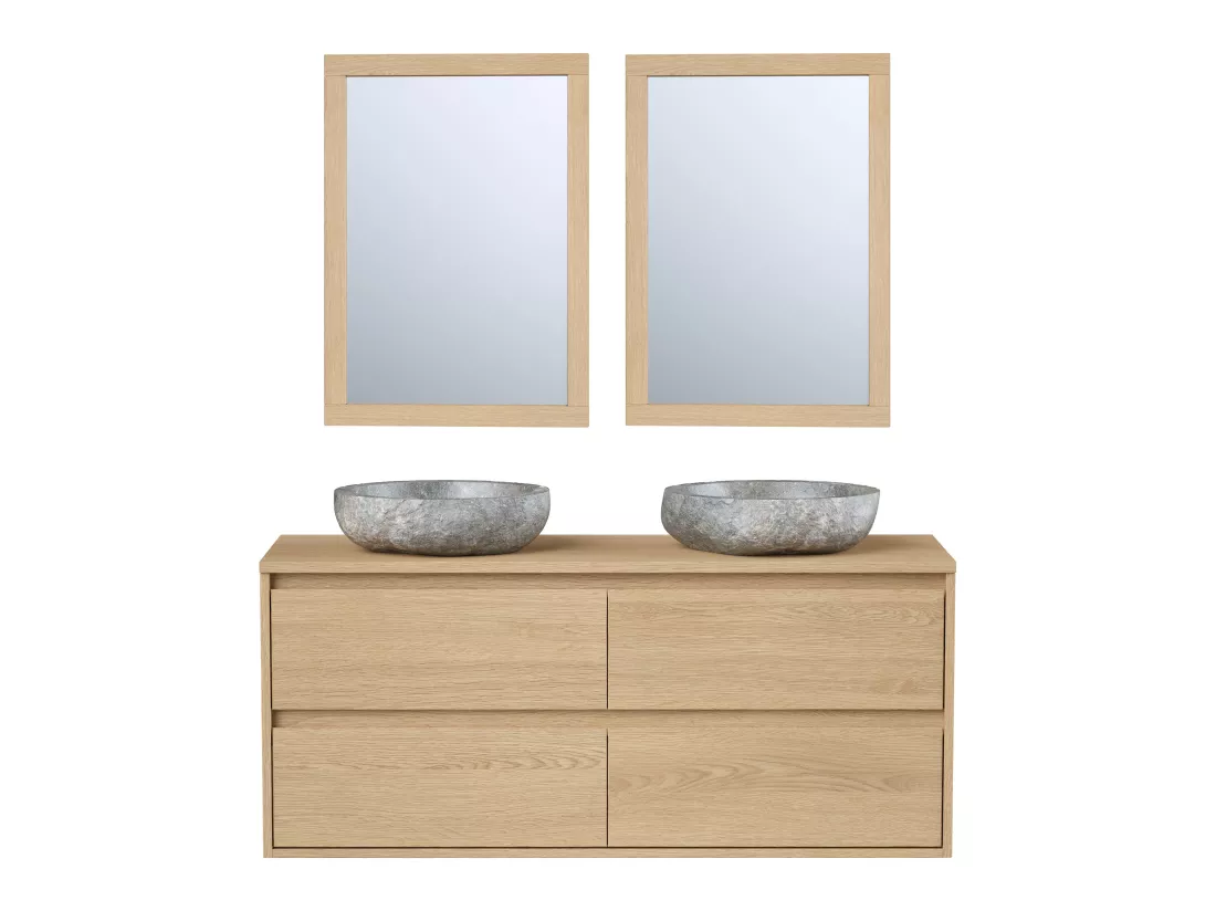 Meuble de salle de bain avec double vasque à poser en pierre et miroir - Placage chêne - 120 cm - MILIPAM
