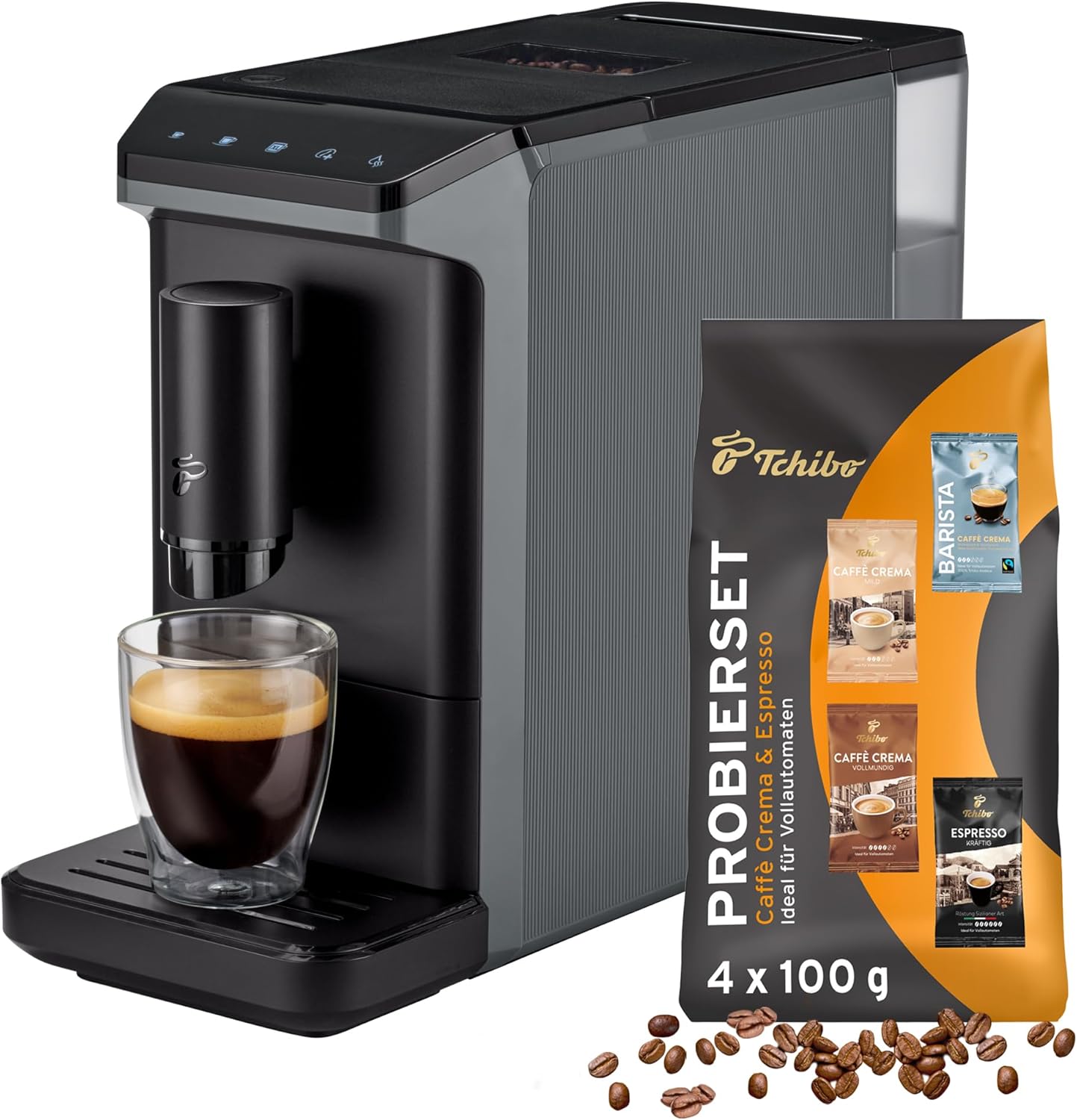 Tchibo Kaffeevollautomat Esperto mini für Caffè Crema und Espresso, nur 16cm breit, klein und kompakt, geeignet für jede Küche, Camping, Studentenapartment, Grau - INKLUSIVE Kaffeeprobierset GRATIS
