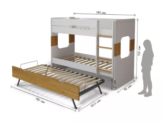 Lit superposé gigogne 90x190 cm panneaux de fibres blanc et noisette LEJI