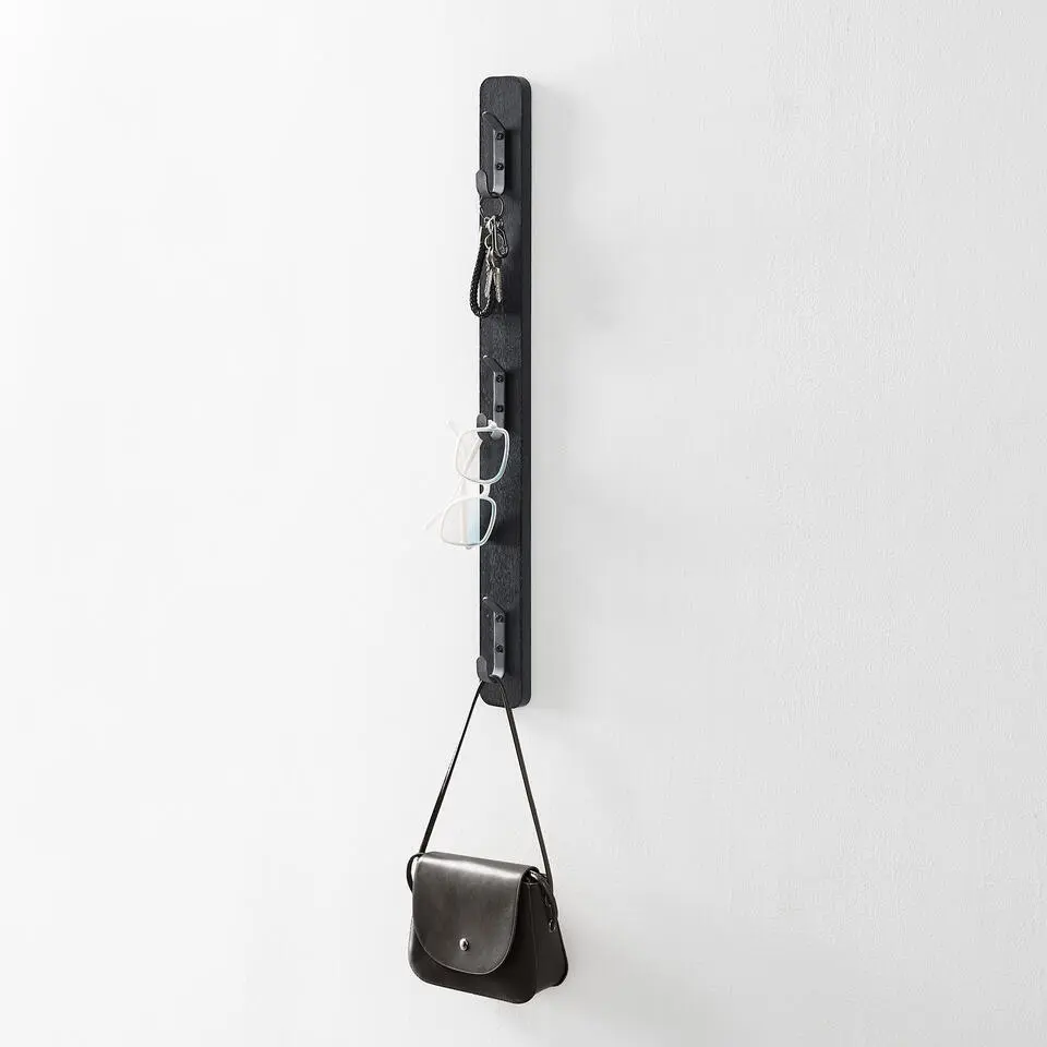 Verticale wandkapstok - met 3 haken - 6x67 cm - zwart