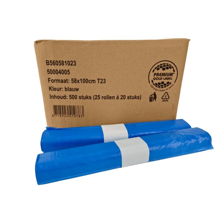 Afvalzakken HDPE 58x100cm 500stuks T23 Blauw 70liter (560581023)