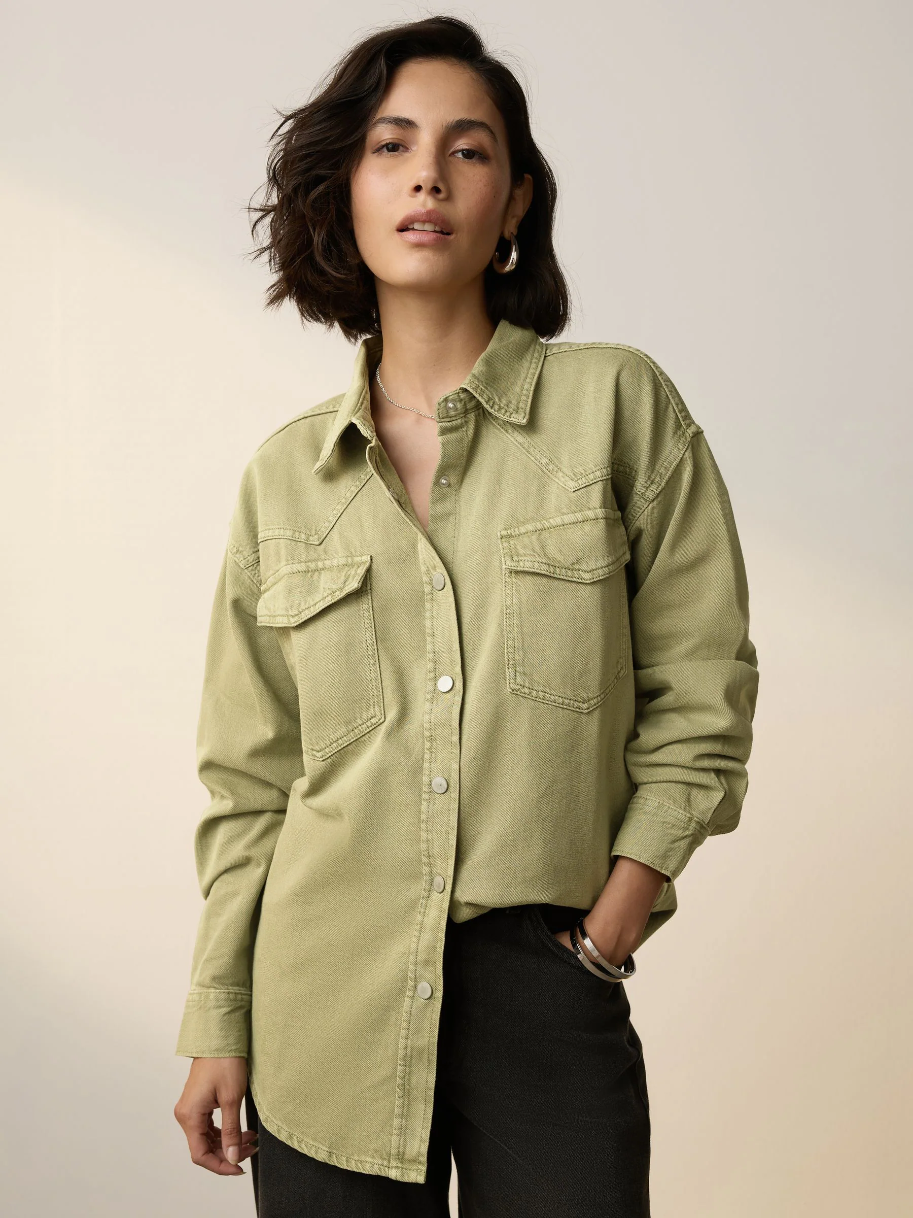 Mid Blue and Khaki Green - Oversized Denim Shirts 2 Pack