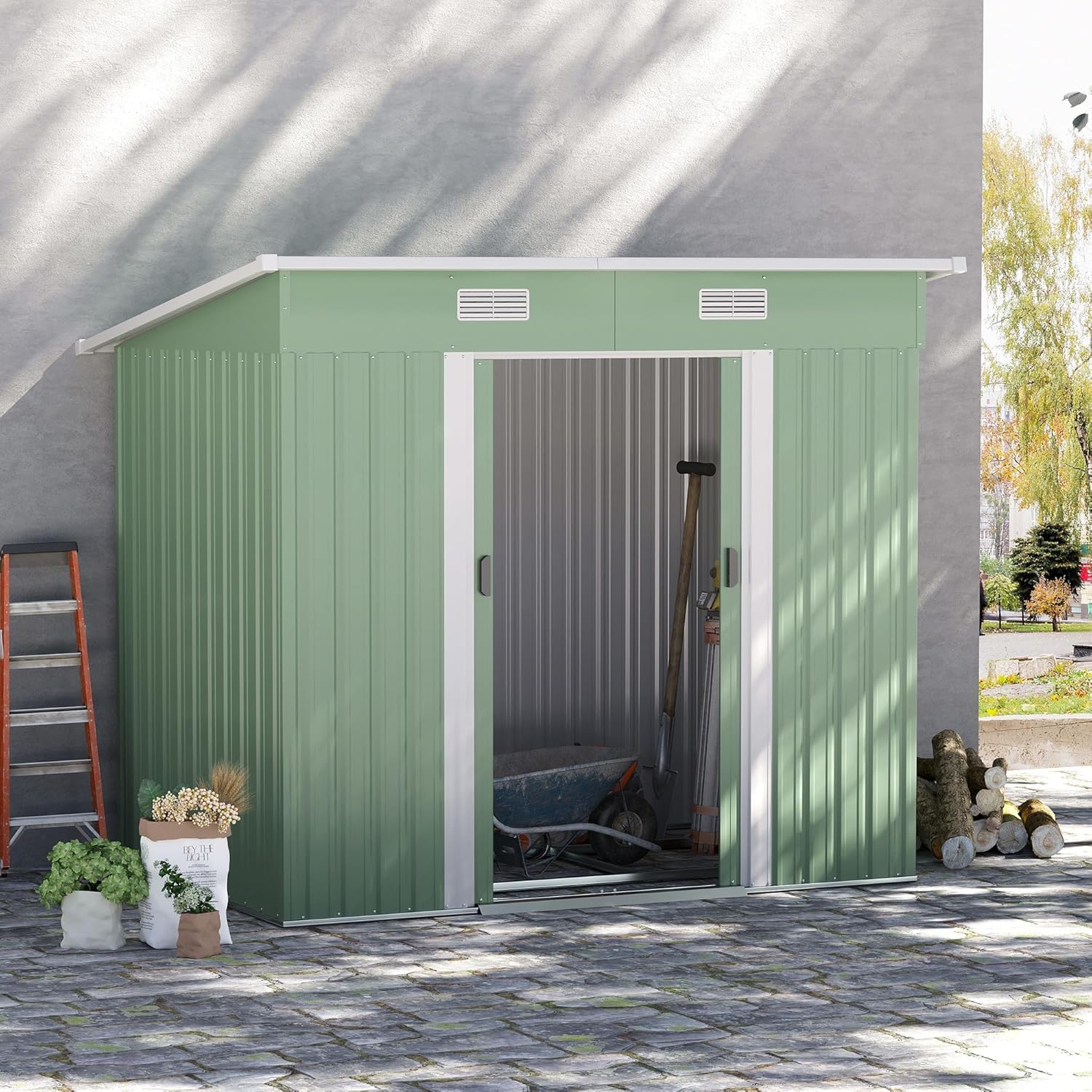 Outsunny Gerätehaus 2,3 m² 207 x 130 x 182 cm Metall Garten Schuppen mit Fenster Pultdach Schiebetüren Fundament wetterfest Geräteschuppen Outdoor Gartenhaus für Hinterhof Grün