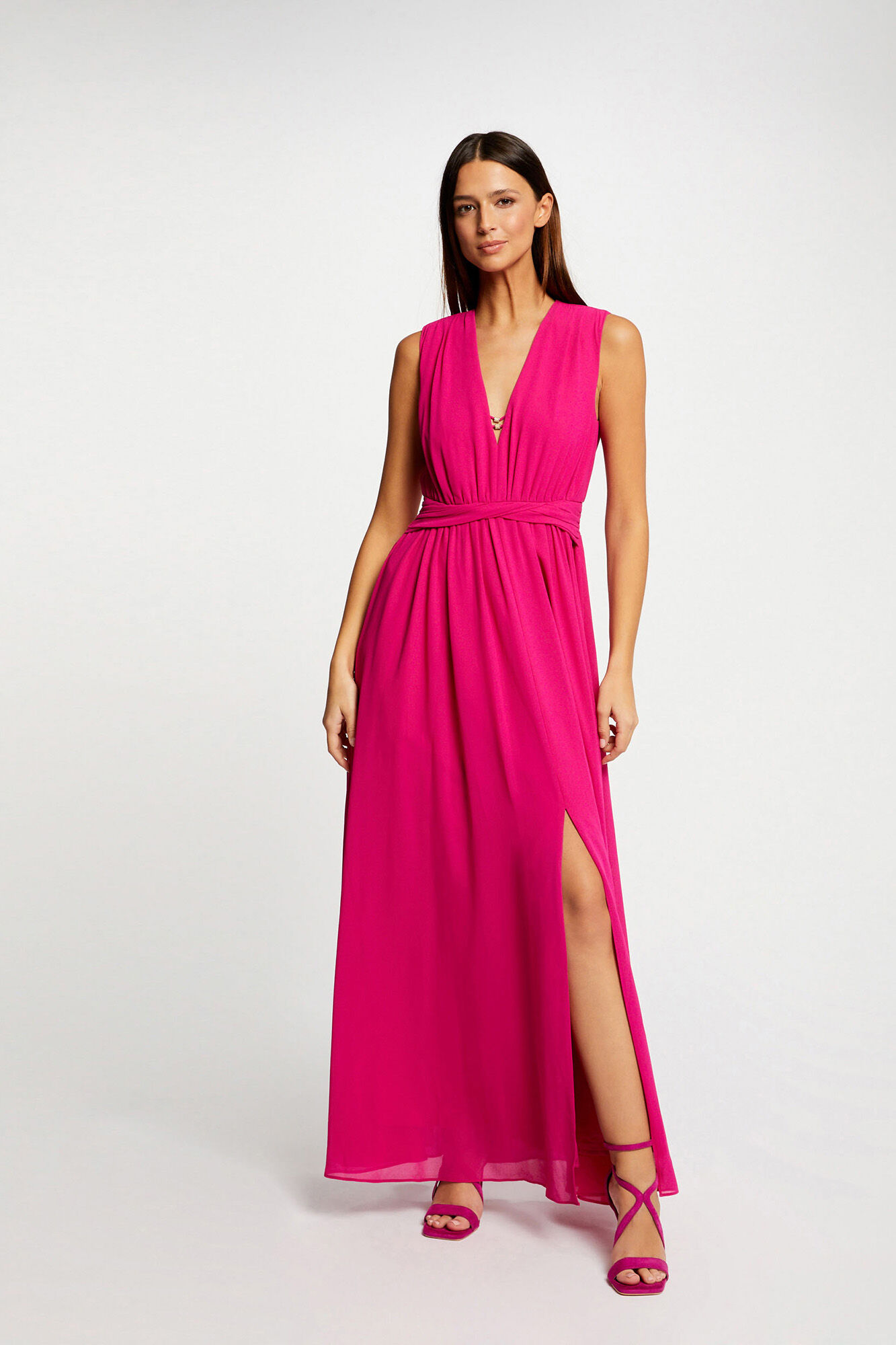 Vestido longo evasê com fenda - Fúcsia