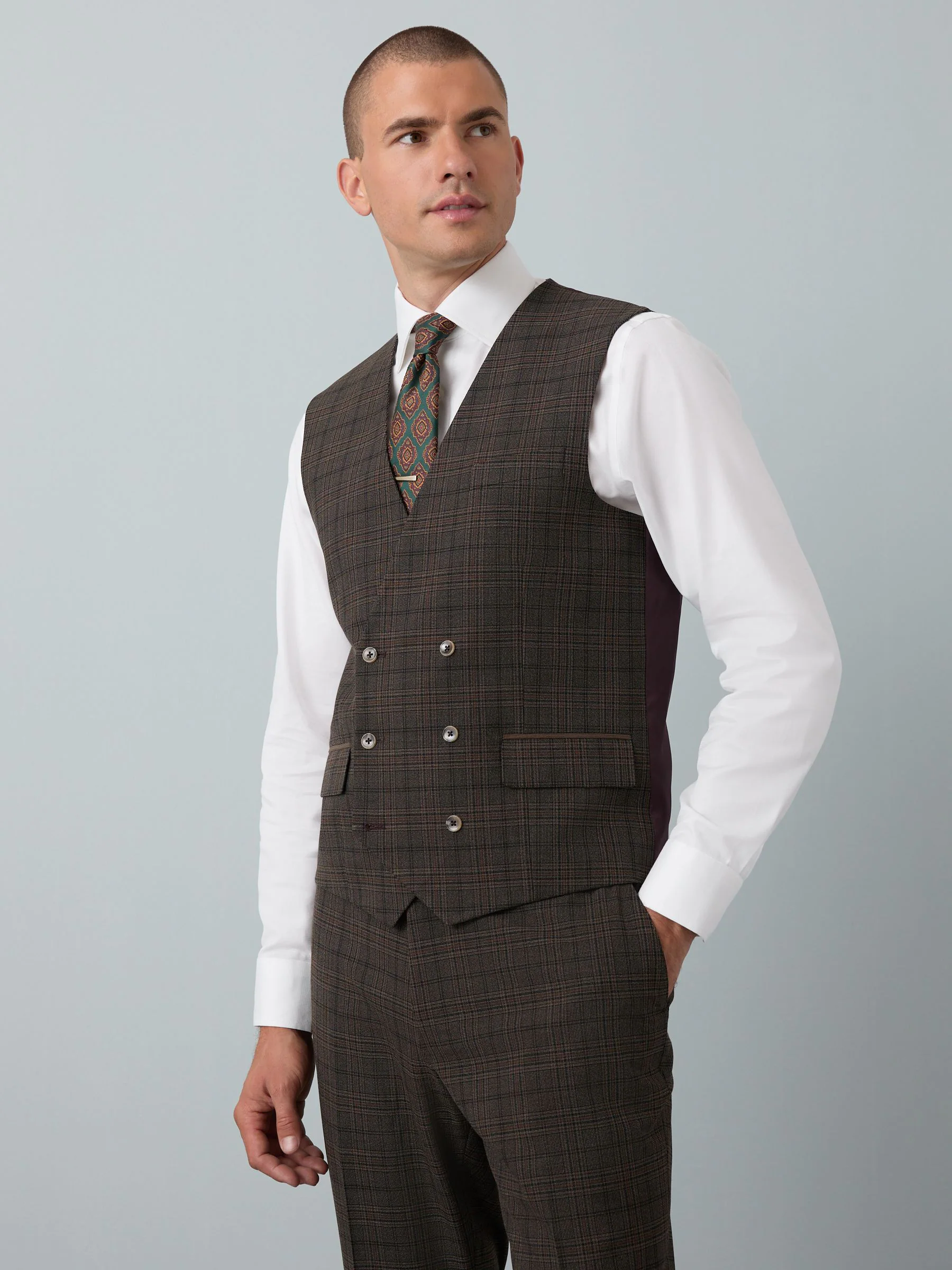 Bruin - Slim Fit Trimmed Check Suit Waistcoat