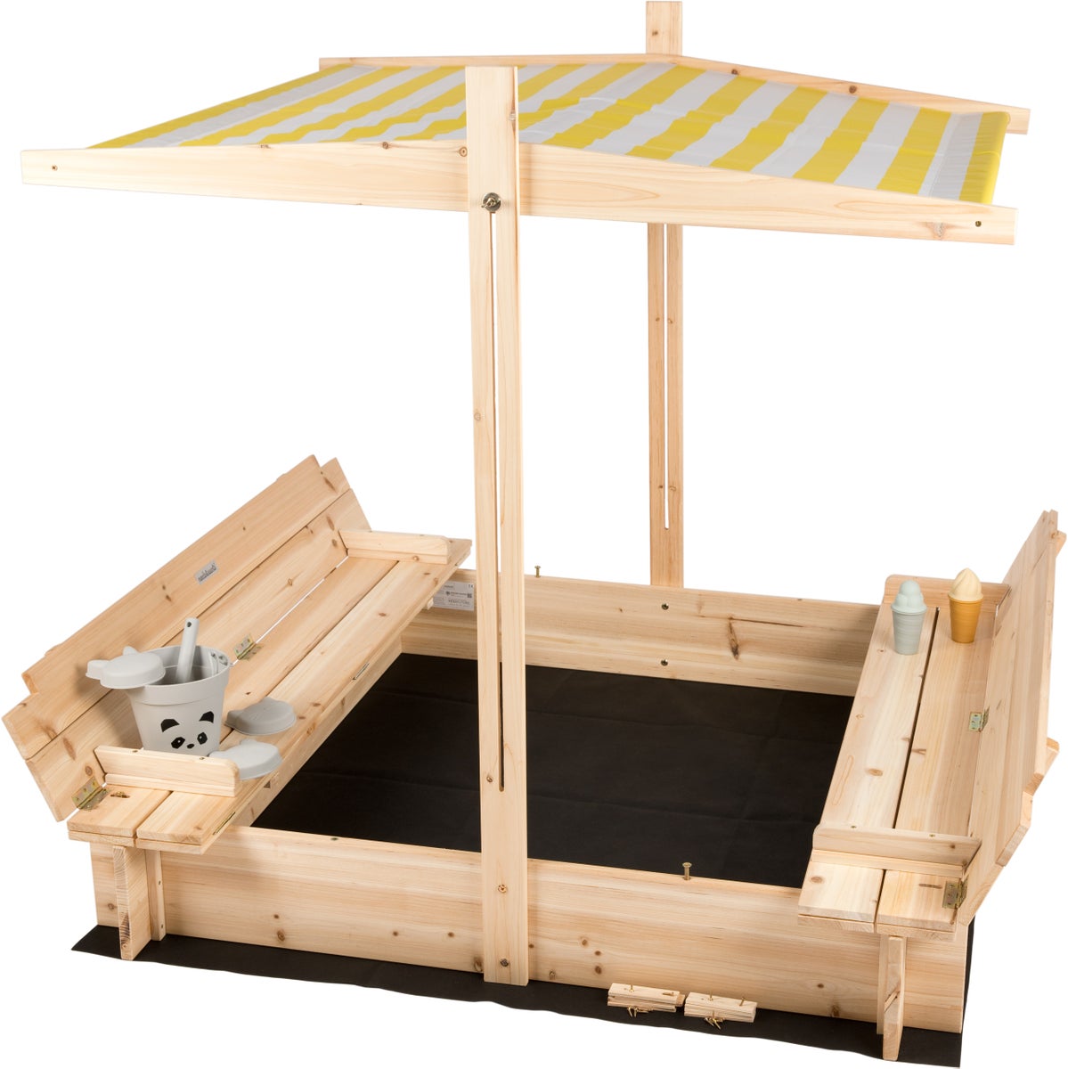 needs&wants® Zandbak met deksel, dak, deksel, bankje en voetstuk, houten zandbak, vierkant, afsluitbaar, uv-bescherming met bankje, buitentuin voor kinderen, spar, geel, wit, bruin