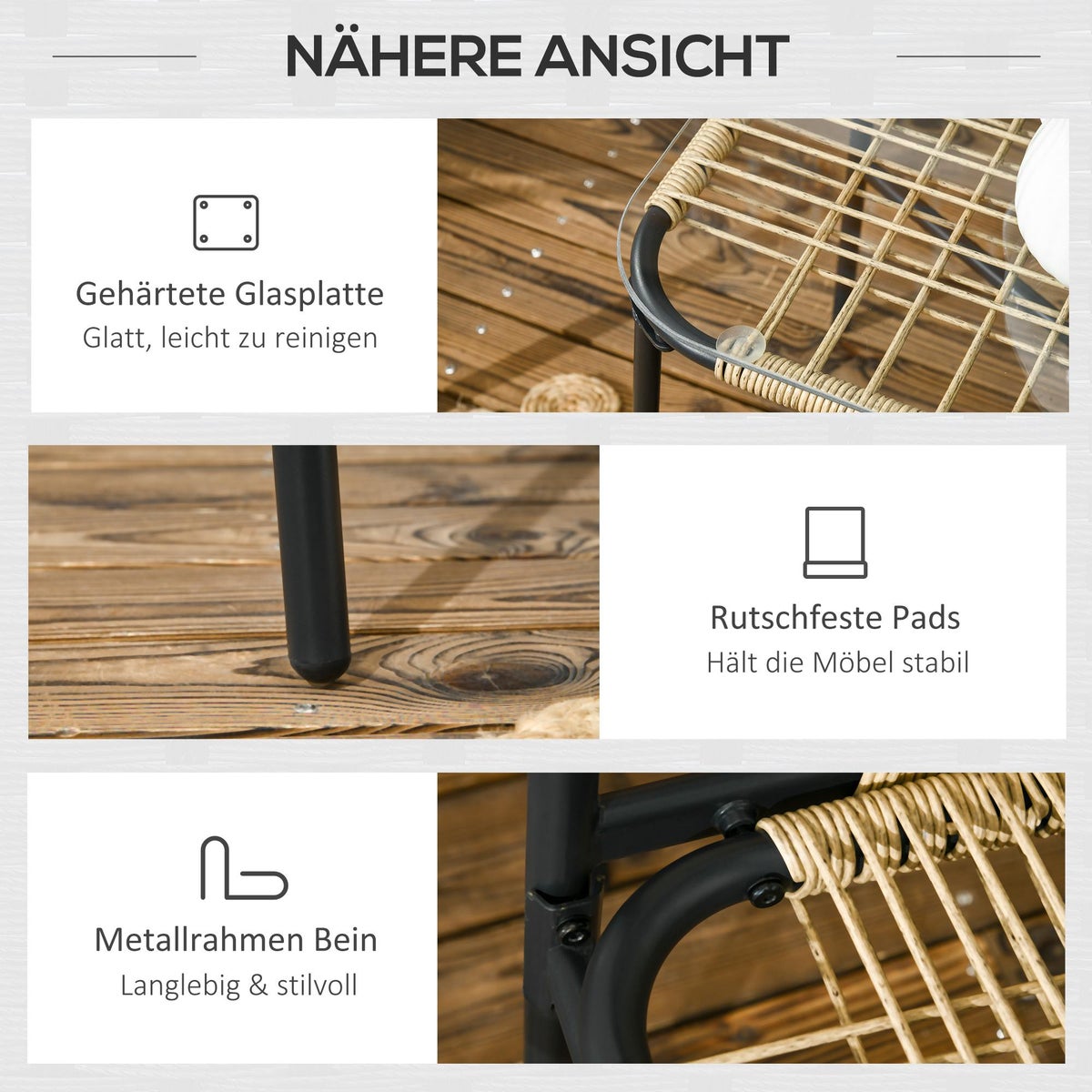 Outsunny 4-delige polyrotan tuinmeubelset, zitgroep met 1 tweezitsbank, 2 fauteuils, 1 salontafel met glazen tafelblad, 110L x 65B x 74H cm, PE rotan, polyester, geel