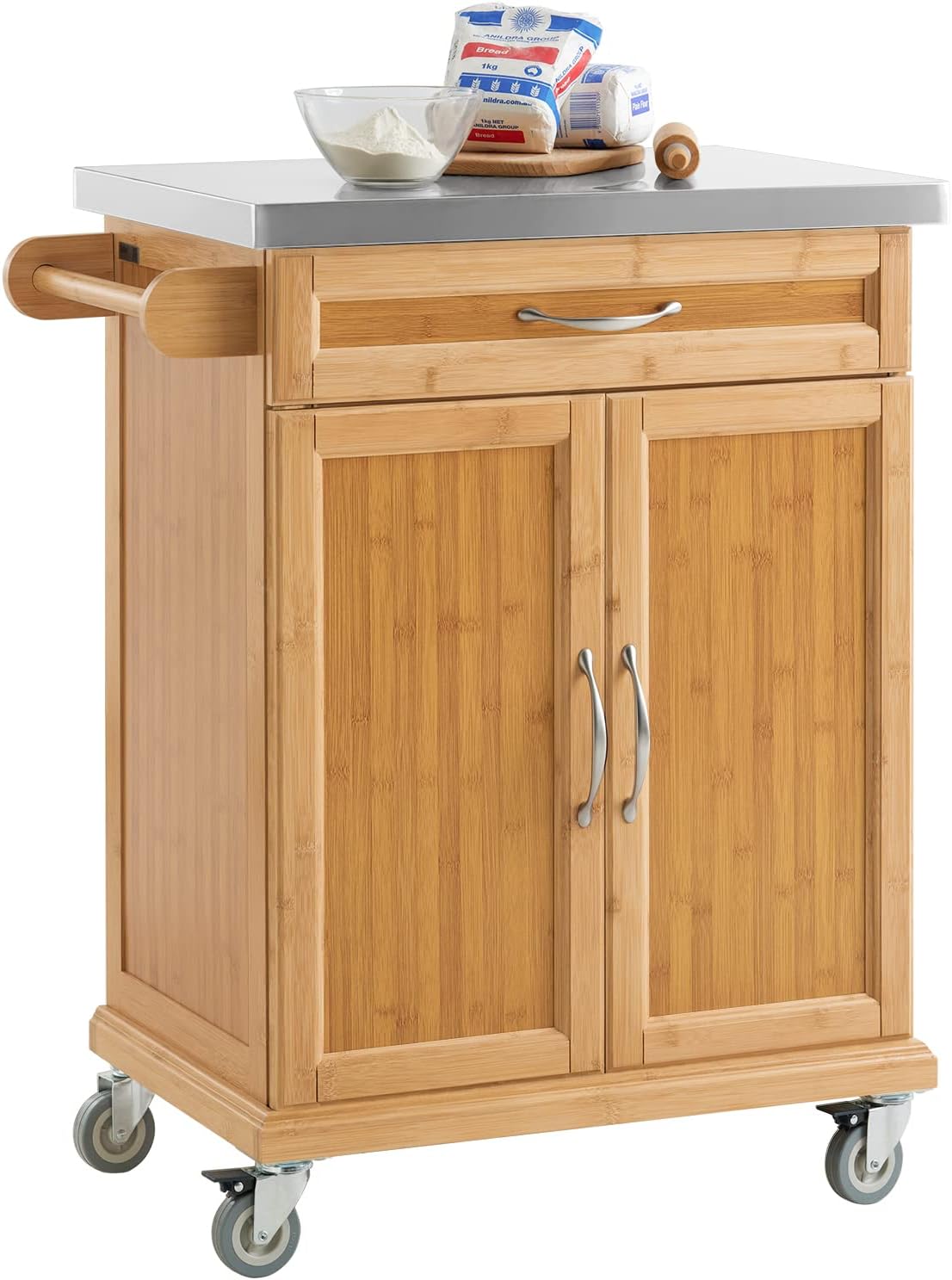 SoBuy Servierwagen mit Arbeitsplatte, Küchenwagen auf Rollen, Kücheninsel aus Bambus, Rollwagen mit Stauraum, Küchenregal stehend, Grilltisch für Küche, Wohnzimmer, Outdoor – 66x92x46 cm, FKW13-N