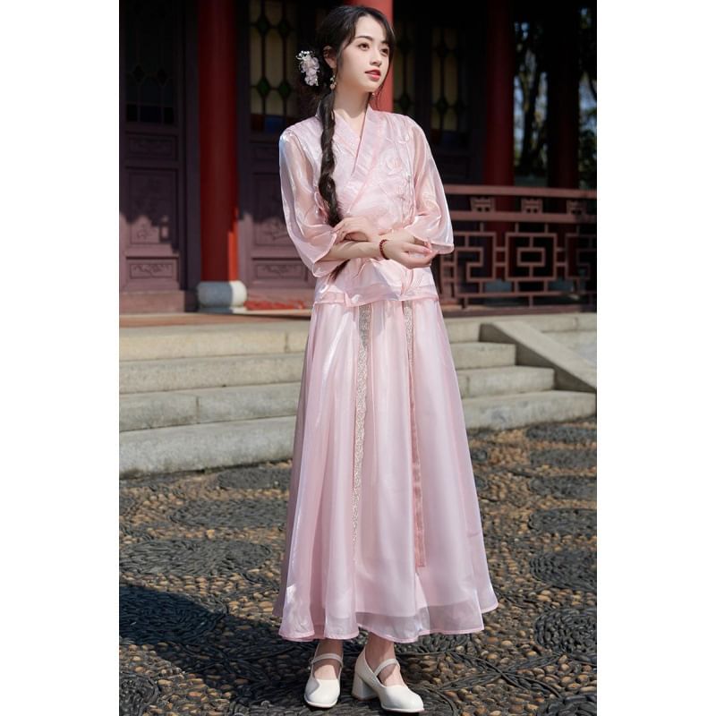 Tangier - Traditionele Chinese 3/4-mouw V-hals bloemen geborduurde wikkelblouse / Hoge taille maxi A-lijn rok