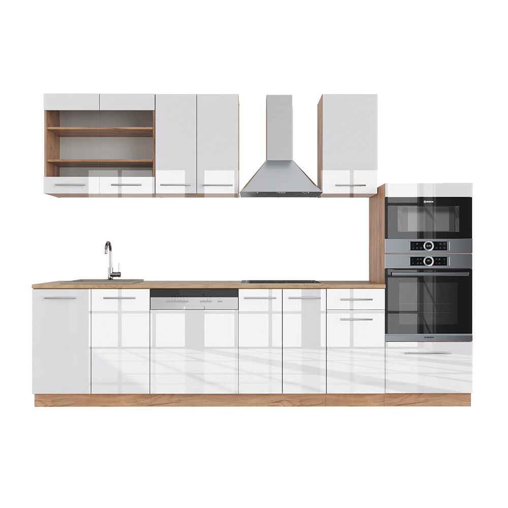 Vicco Küchenzeile Küchenblock Einbauküche Fame-Line Eiche Weiß 300 cm modern Küchen Schränke Schubunterschrank Unterschrank Spülenunterschrank Hängeschrank Mikrowellenschrank Geschirrspülerblende