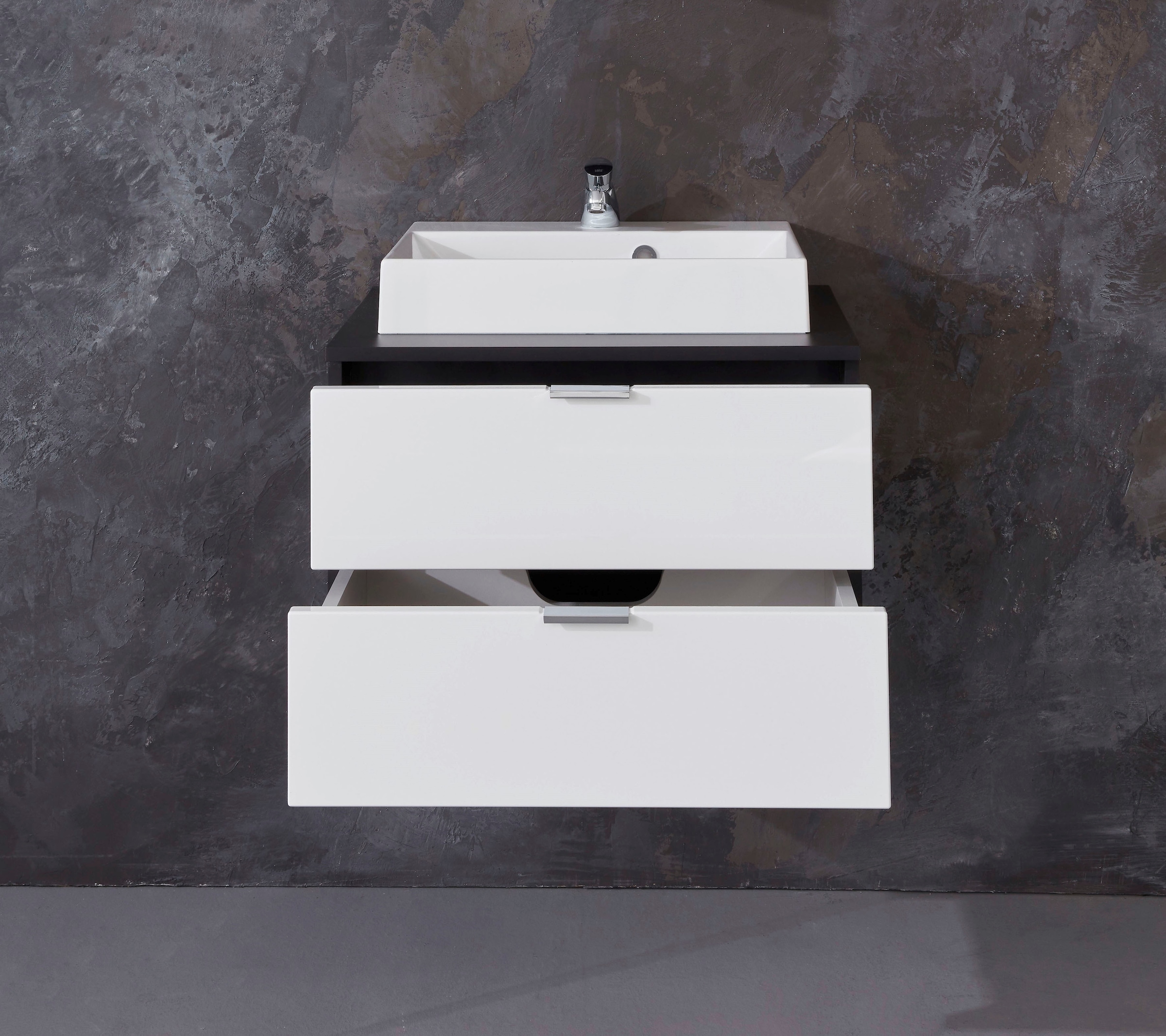 welltime Waschtisch »Cervio« 2 Stk. tlg. Waschbeckenunterschrank mit Metallgriffen und Mineralguss-Waschbecken