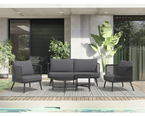 Garden Place 4-zits loungeset bestaande uit: 2 tafels, 2 fauteuils, bank, metaalgrijs