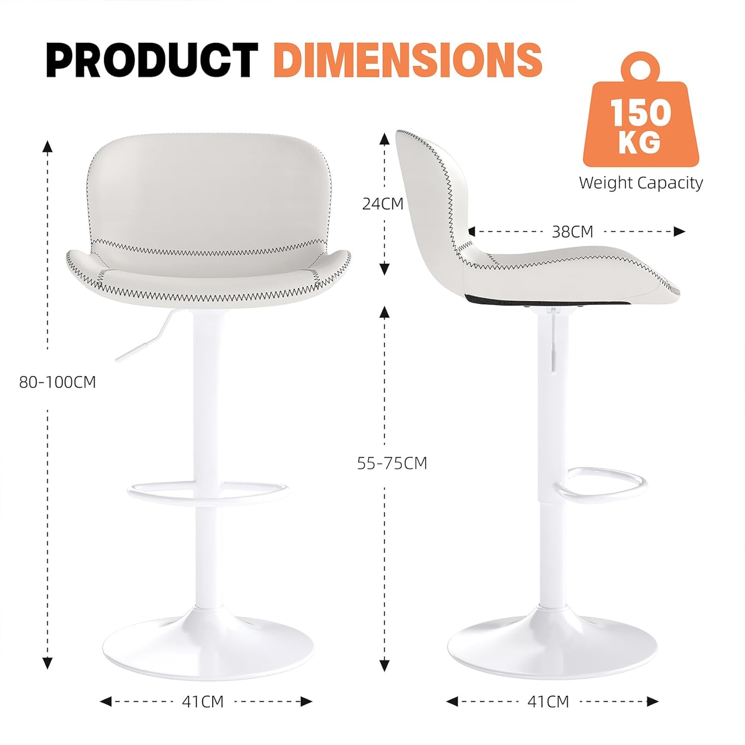 Youhauchair Barhocker 2er Set, Barhocker Höhenverstellbar aus Kunstleder, wasserdicht und verschleißfest, Barhocker mit Lehne, Drehbarer bar Stool, modern, Weiß