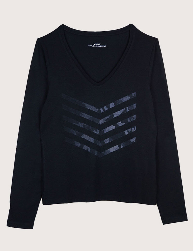 HBT BASICS | JUSTINE T-SHIRT MANCHES LONGUES COL V NOIR CAMOUFLAGE