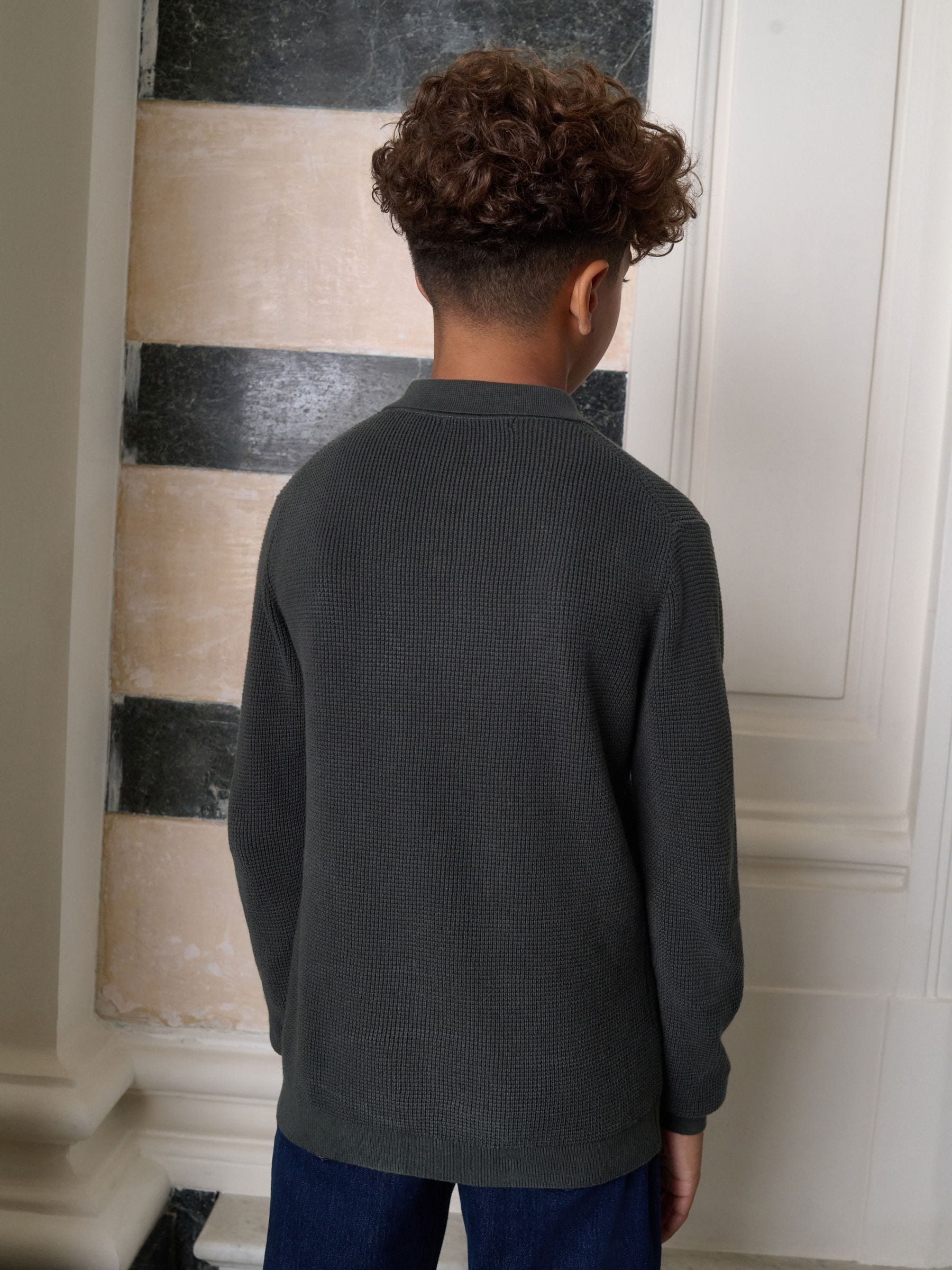 Donkergroen - Poloshirt met textuur en lange mouwen (3-16jr)