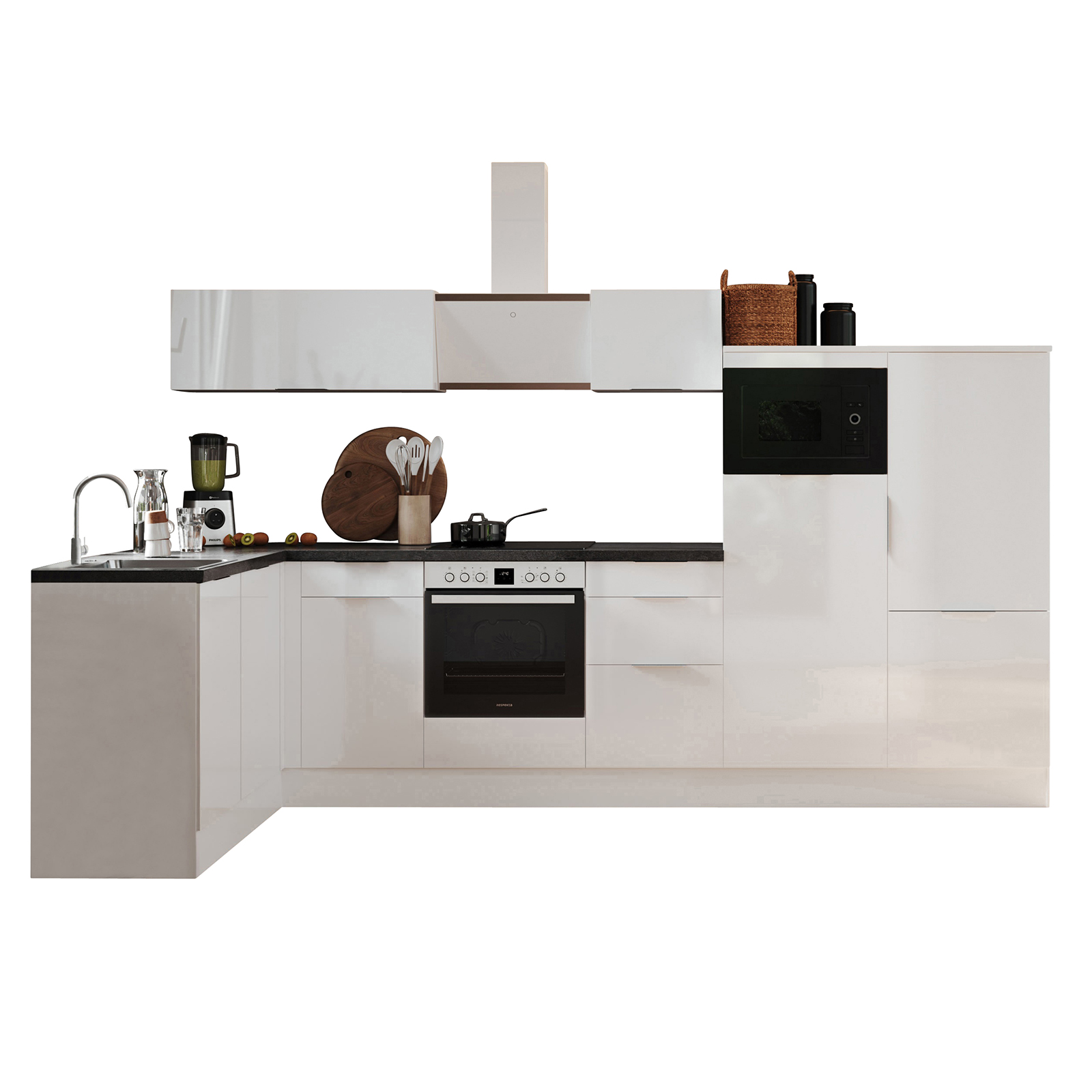 RESPEKTA Winkelküche - weiß Hochglanz - weiß matt - mit E-Geräten - 340x175 cm