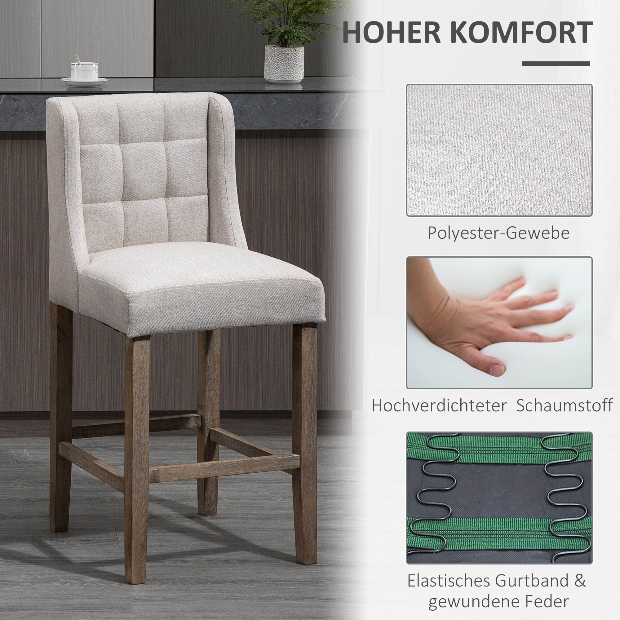 HOMCOM Barhocker 2-er Set, Gebogene Federn Beige 47 x 50 x 101 cm (BxTxH)