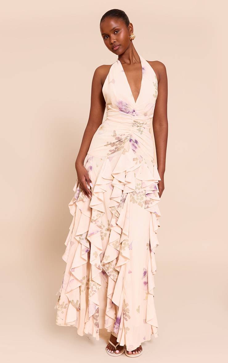 Gris Pierre Robe Longue À Décolleté Plongeant Avec Fronces Et Détails À Volants