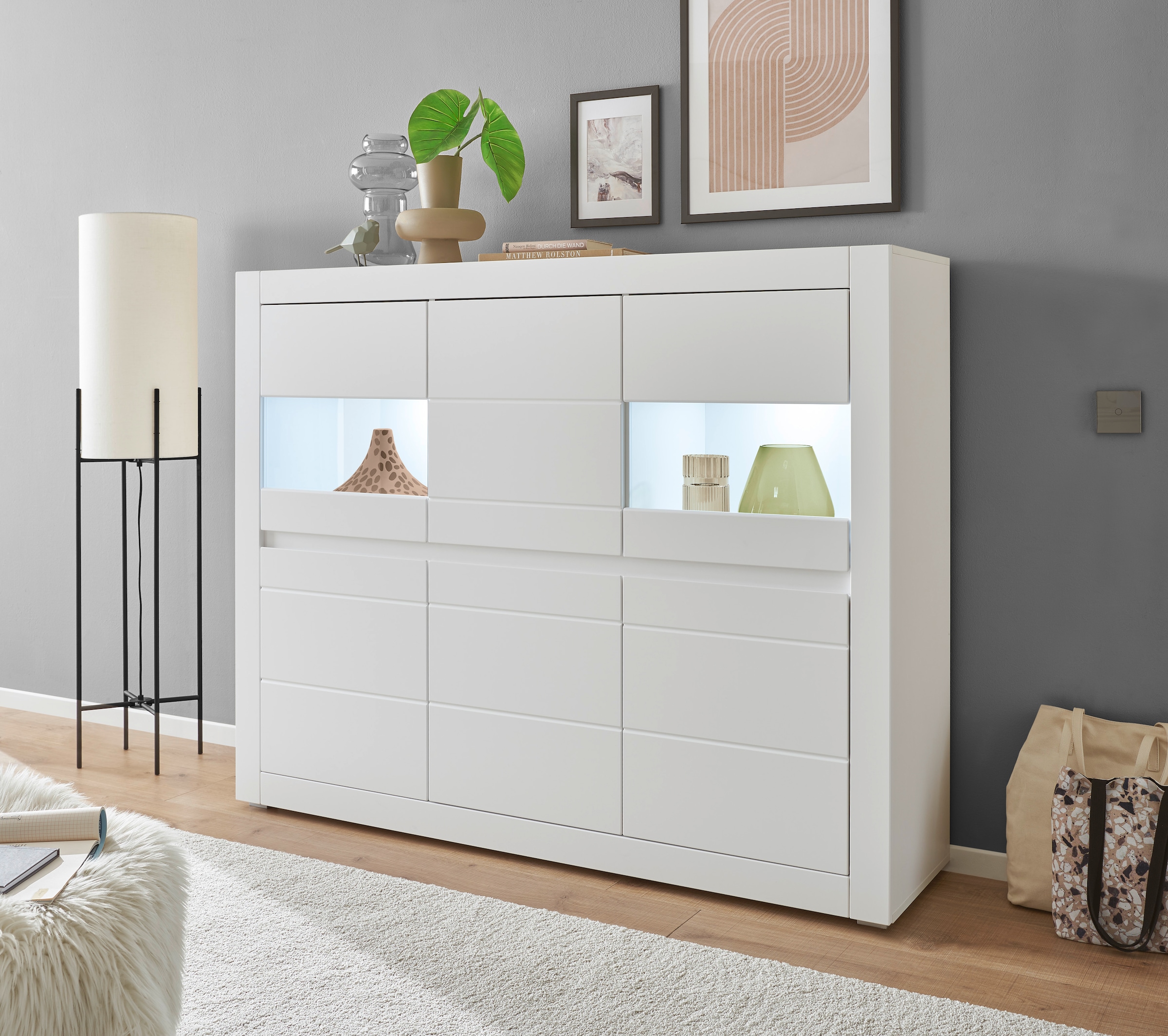 INOSIGN Highboard »Chester, moderne Kommode, Schrank mit Stauraum, Sideboard in Weiss Matt« 1 Stk. tlg. austauschbare Blende in Griffleiste, zeitloses Design, 165 cm breit