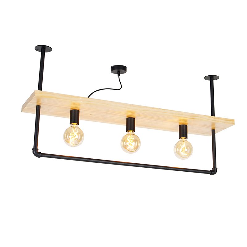 Industriële plafondlamp zwart met hout 3-lichts - Shelf