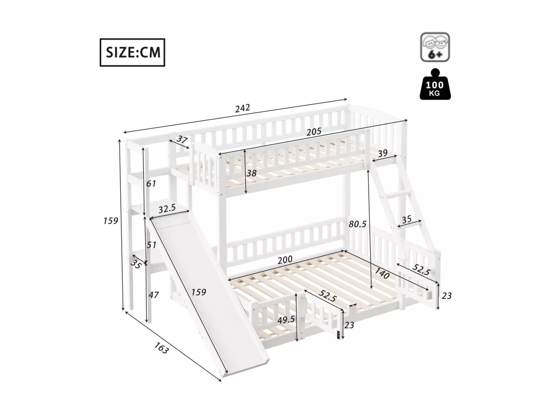 Lits superposés 140 x 200 cm + 90 x 200 cm avec toboggan, étagères et barrières de protection - Pin+MDF - Blanc (sans matelas)