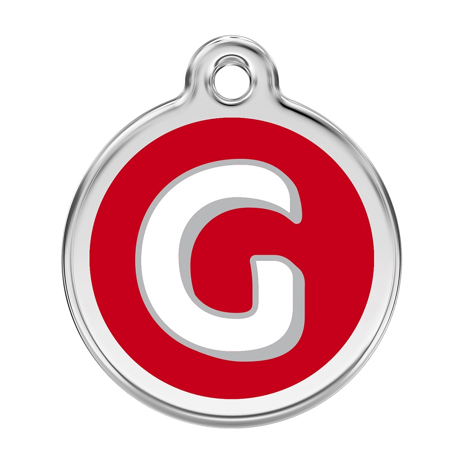 Placa de identificação para cães em aço inoxidável esmaltado com a letra G do alfabeto, vermelha.