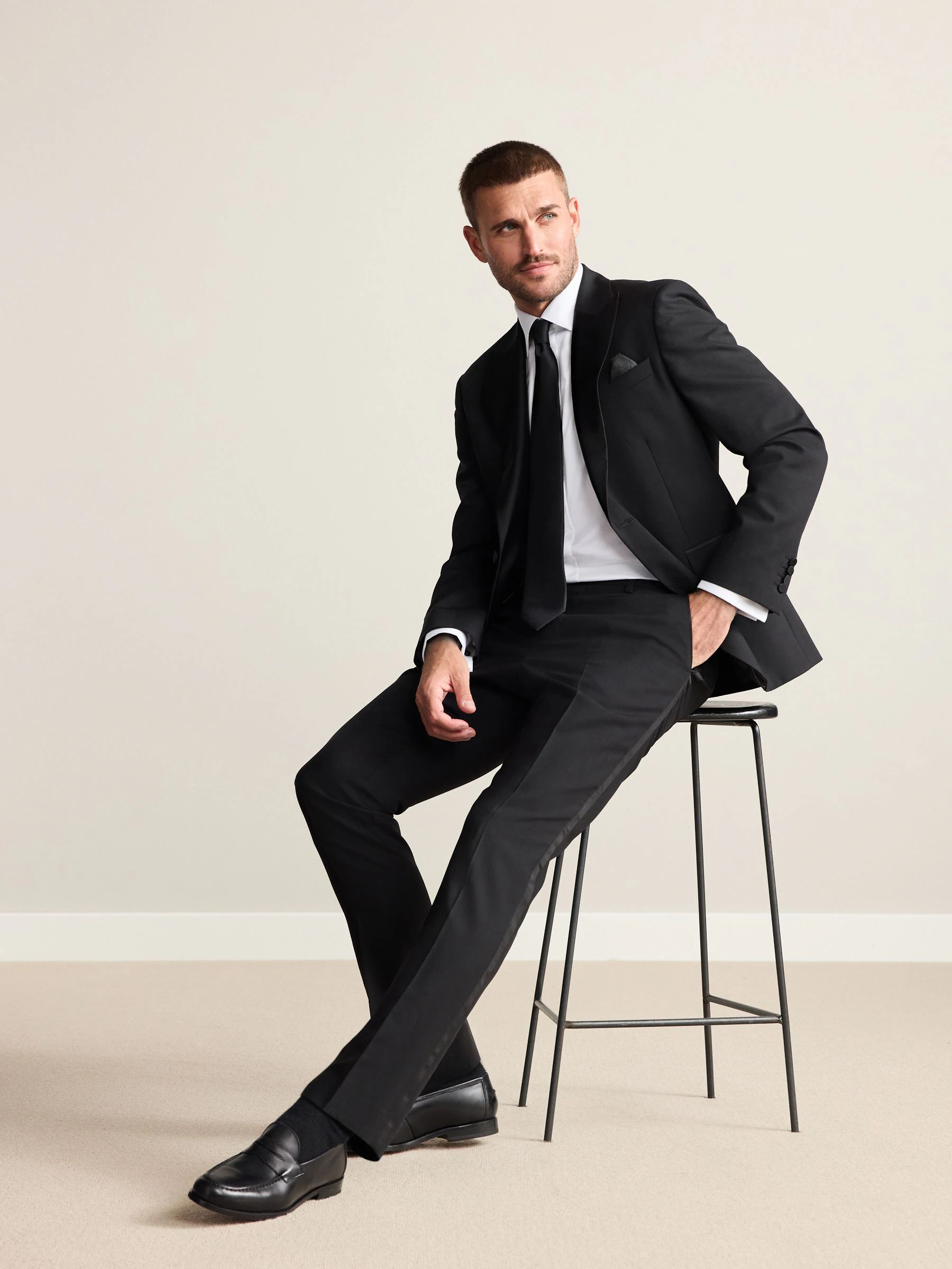 Zwart - Slim Fit Signature Nova Fides 100% Italian Wool Tuxedo Suit Trousers