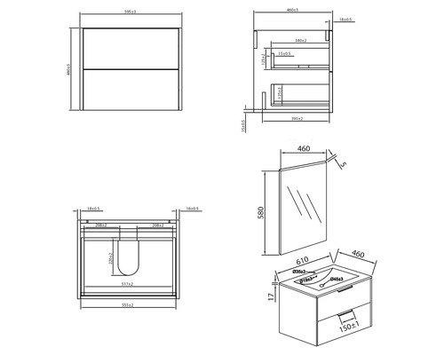 Badkamermeubelset Differnz Bolo 61 x 110 x 46 cm, frontkleur wit hoogglans, wastafel en spiegel wit, badmeubel