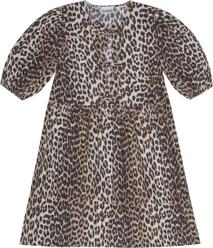 Ganni Printed Cotton Tie String Mini Dres Leopard