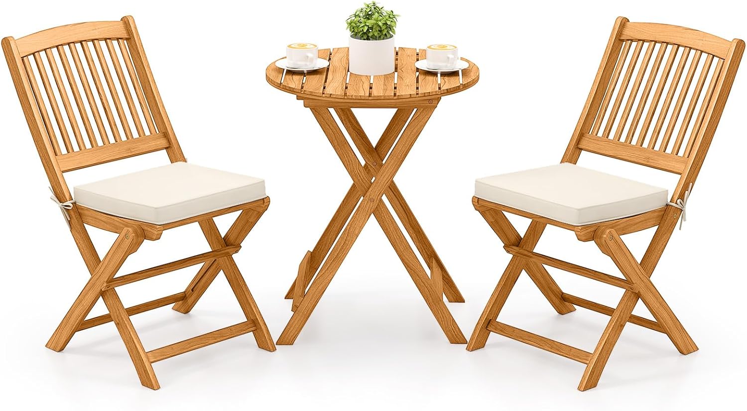 COSTWAY 3tlg. Balkonmöbel Set, Bistrotisch mit 2 Stühlen, klappbares Balkonset aus Akazienholz mit 2 Kissen, Bistroset, Gartengarnitur, Gartenmöbel, Sitzgarnitur, Sitzgruppe für Garten, Balkon (Beige)