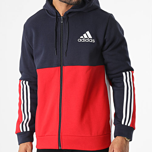 Sweat Zippé Capuche A Bandes HK2880 Rouge Bleu Marine Blanc