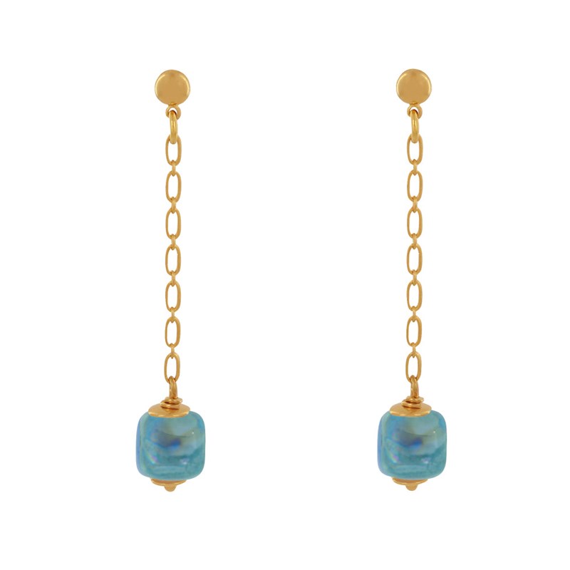 Boucles d'Oreilles Chainette Laiton Doré et Cube en Céramique
