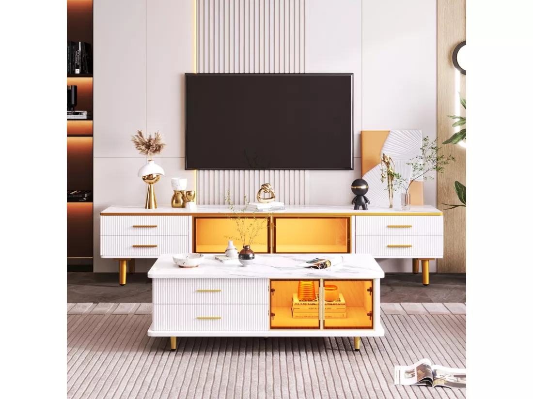 Ensemble Table basse + Meuble TV avec LED 4 tiroirs et 1 niches, plateau de table avec structure en marbre