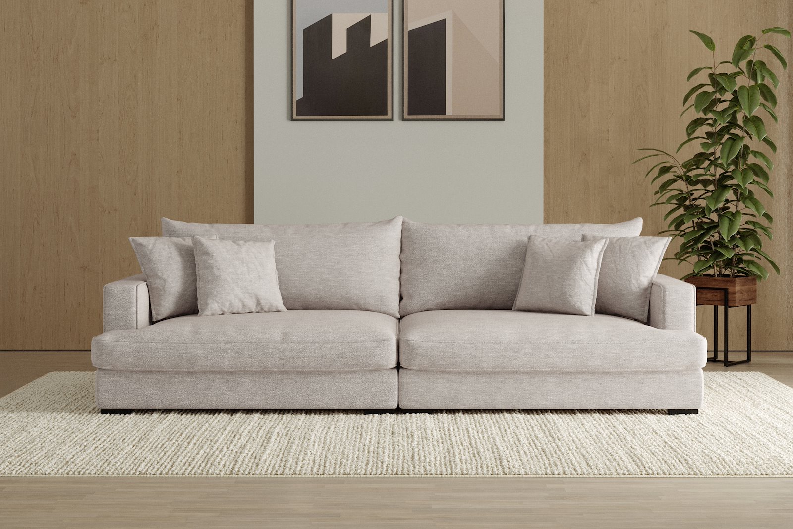 Rossi 4-seter sofa Tekstil Beatto 1027 Lys Grå, arm A med sorte ben. Std. Komfort.