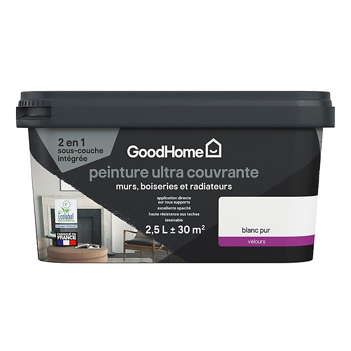 Peinture couleur 2 en 1 velours GoodHome blanc pur 2,5L