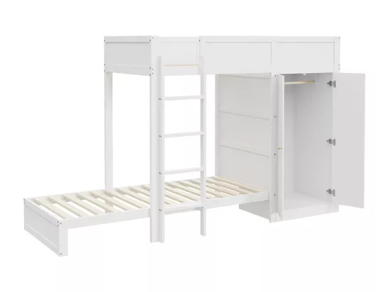 Lit superposé Lit enfant 90x200 avec marche verticale de sécurité armoire sommier à lattes Bois Blanc