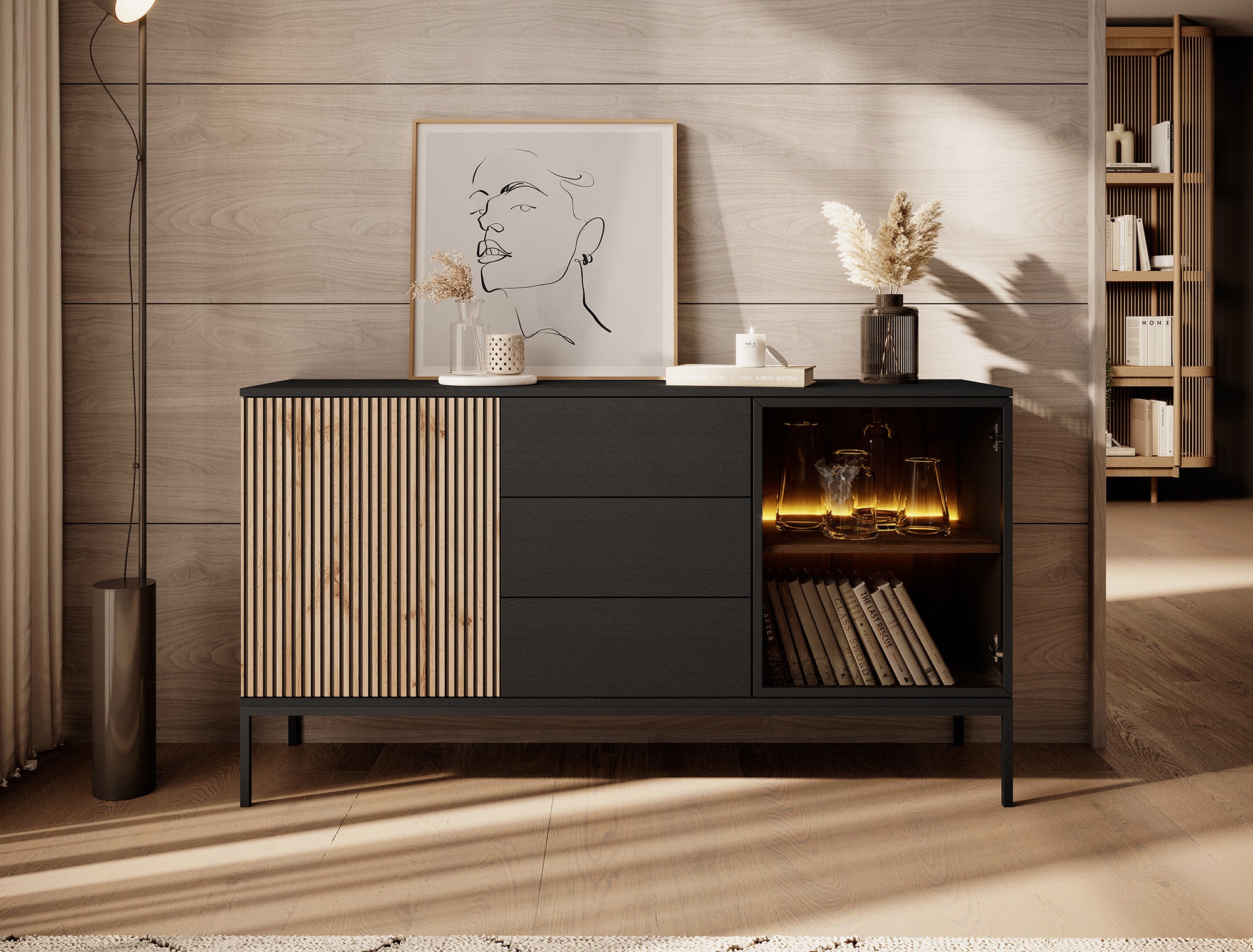 Legend 2 - Dressoir - Zwart/eiken - 154x39x83 cm