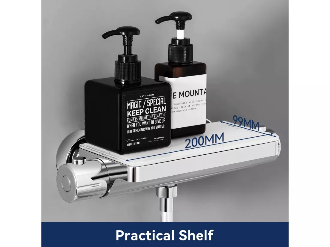 Ensemble de Douche avec Etagère et Douchette à Main 3 Fonctions, Chromé Colonne de Douche Thermostatique avec 38°C Mitigeur