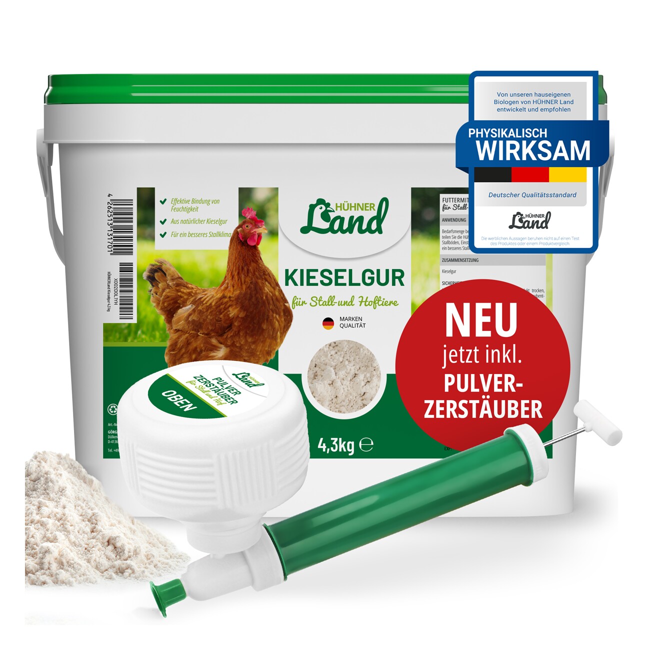 HÜHNER Land Kieselgur für Hühner 4,3kg INKLUSIVE Pulverzerstäuber