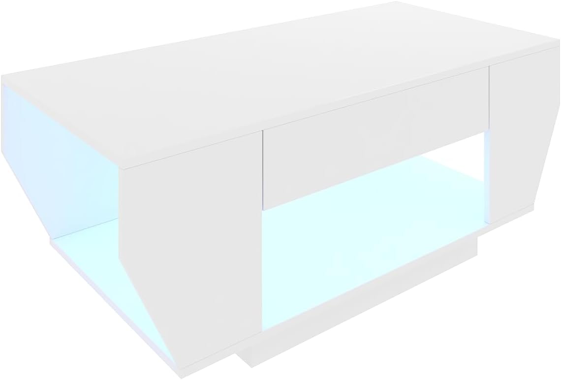 Couchtisch LED, Wohnzimmertisch mit 2 Schubladen für Wohnzimmer Hochglanz 106 x 50 x 41cm (Weiß)