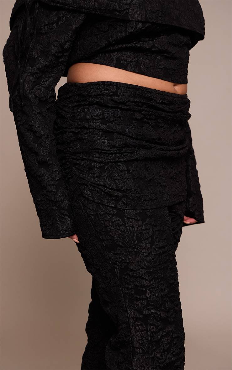 Noir Pantalon Large Grande Taille À Motif Floral Jacquard Avec Taille Repliée