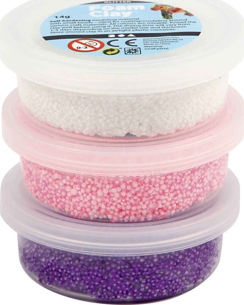 Foam Clay - Metallic Og Glitter Sæt - Pink, Lilla Og Hvid - 3X14 G