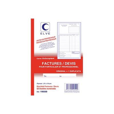 ELVE - Manifold Carnet de factures/devis pour auto-entrepreneurs - 50 dupli - A5