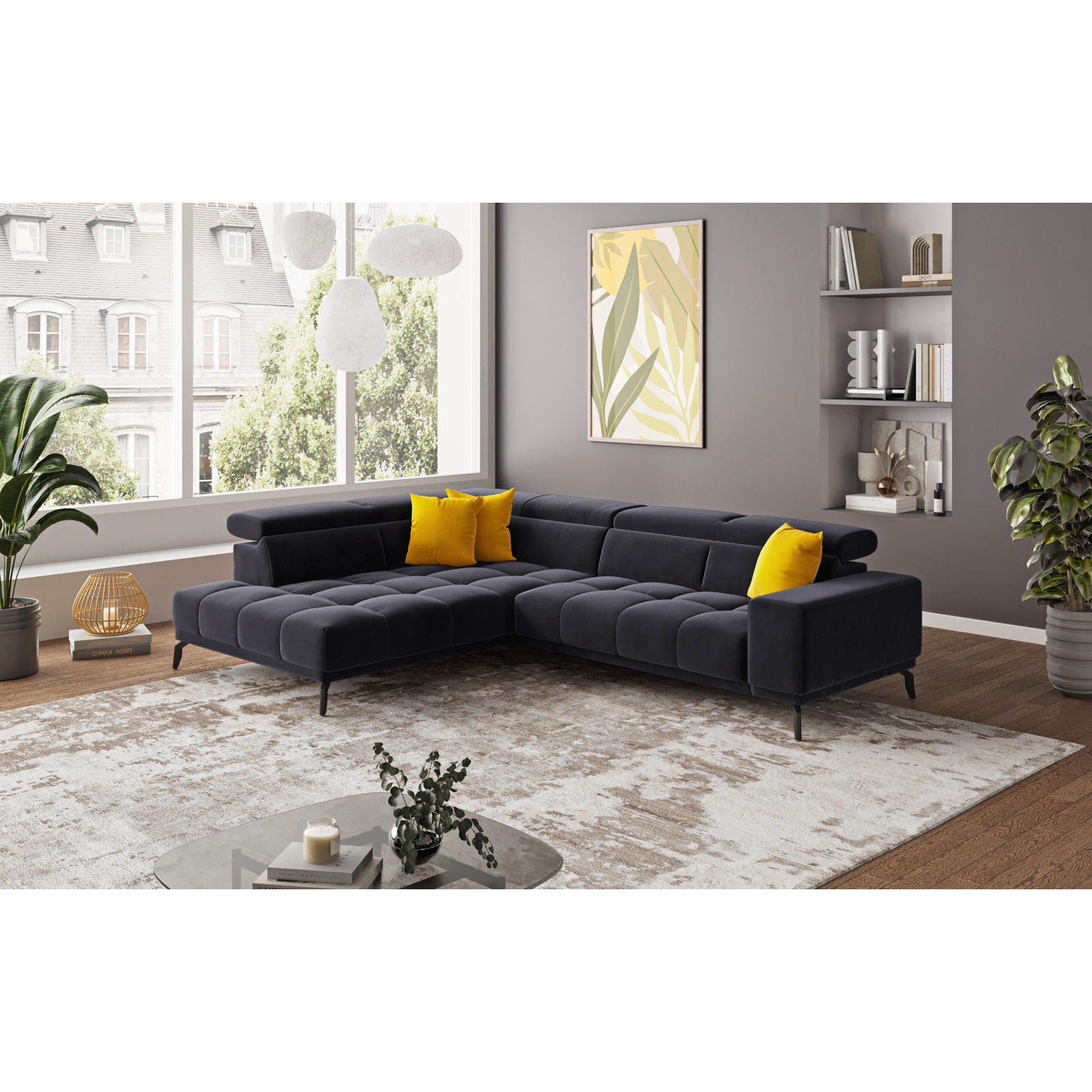 Ecksofa Jamba Stoff schwarz, Ottomane links
