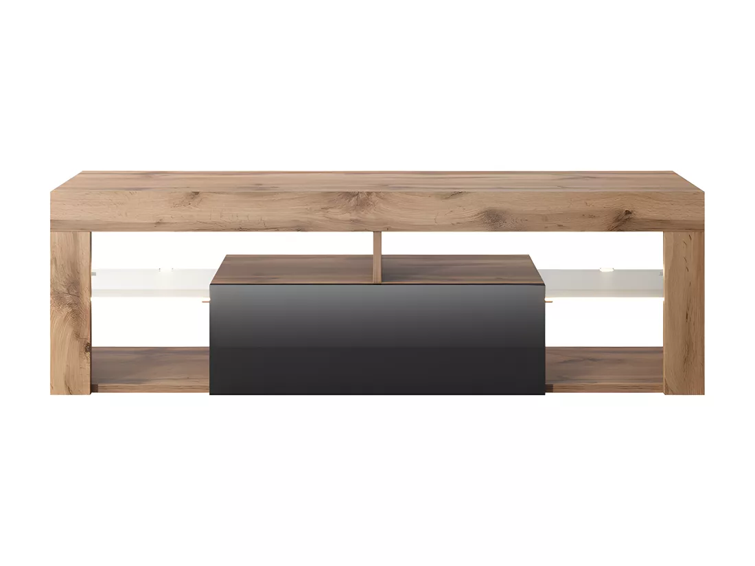 Meuble TV / Banc TV (140 cm, chêne lancaster / noir brillant, éclairage LED) - BIANKO
