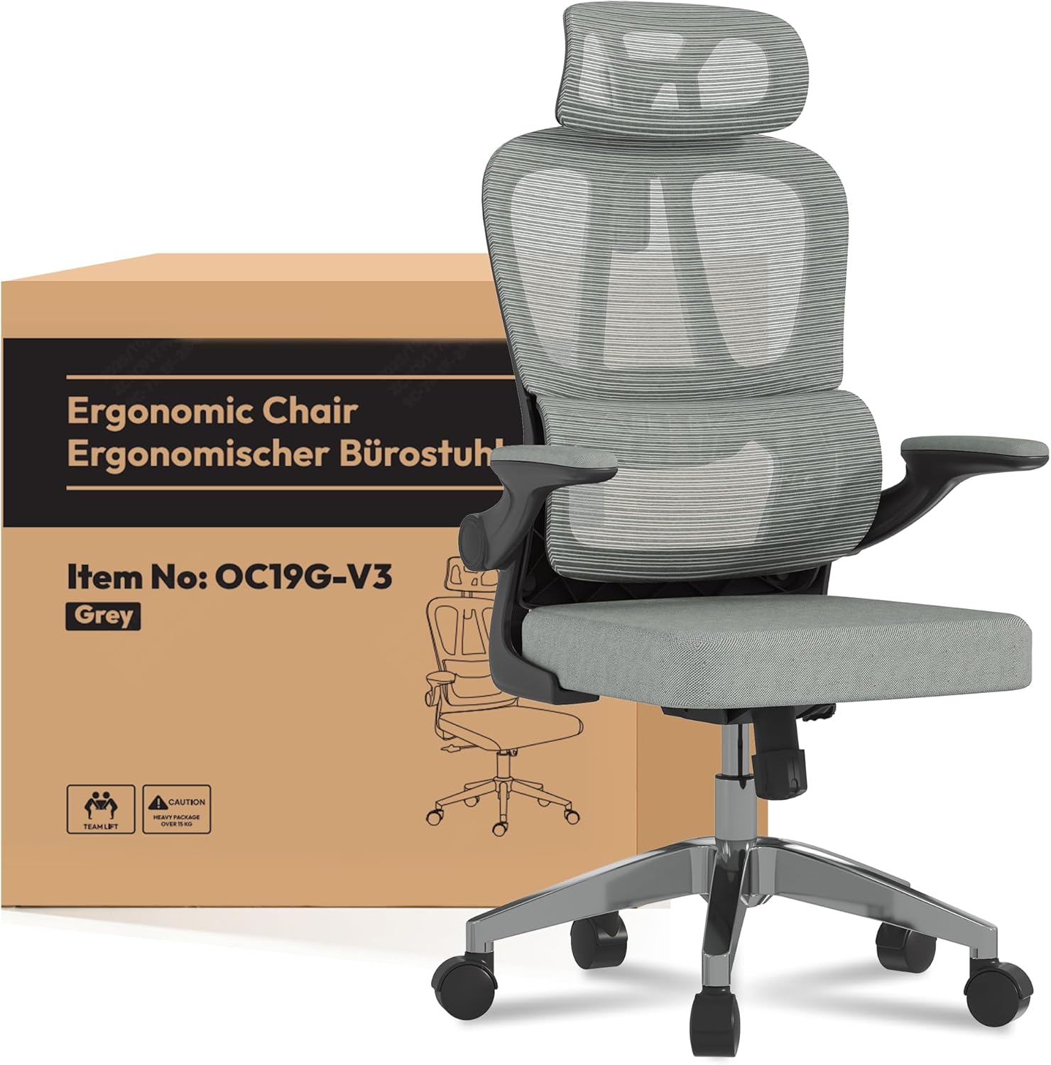 FLEXISPOT Ergonomischer Bürostuhl, Schreibtischstuhl mit 2D-Kopfstütze, Klappbare Armlehnen & Dynamische Lendenstütze, Stuhl mit 120° Wippfunktion für Homeoffice, Arbeitszimmer, Büro (Grau)