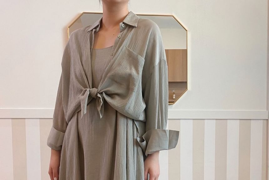 Chubby Girl - Set: effen shirt met lange mouwen + jurk met spaghettibandjes